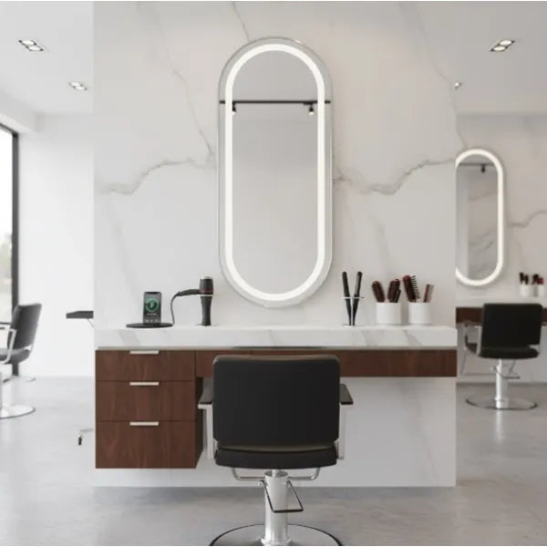 Friseur Bedienplatz mit mit Dimmer, LED-Beleuchtung, Friseurarbeitsplatz Bliss mit goldfarbenem Rahmen und ovalem Design