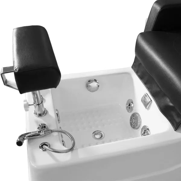 SPA Pediküre Sessel mit Massagefunktion BR-2312, schwarze Polsterung, Chrom-Armaturen und Schlauchbrause.