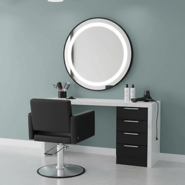 3er-Pack Friseur Bedienplatz mit Dimmer, LED-Beleuchtung, Friseurarbeitsplatz Bree mit goldfarbenem Rahmen und Touch-Schalter