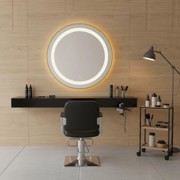 3er-Pack Friseur Bedienplatz mit Dimmer, LED-Beleuchtung, Friseurarbeitsplatz Bree mit goldfarbenem Rahmen und Touch-Schalter