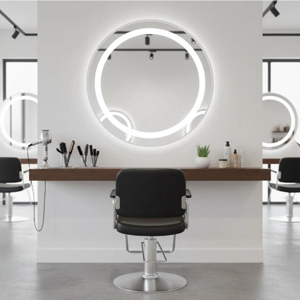 3er-Pack Friseur Bedienplatz mit Dimmer, LED-Beleuchtung, Friseurarbeitsplatz Bree mit goldfarbenem Rahmen und Touch-Schalter