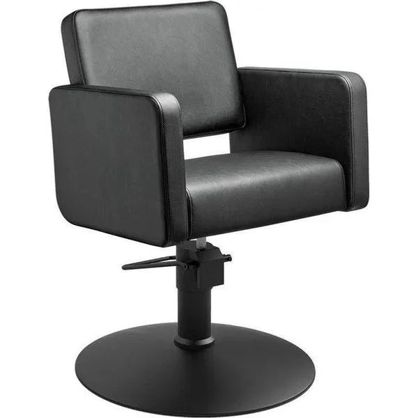 Friseurstuhl in eleganter Schwarz-Farbe, Luxuriöser Friseur stuhl Class R mit Runder Fuß für maximalen Komfort im Salon.