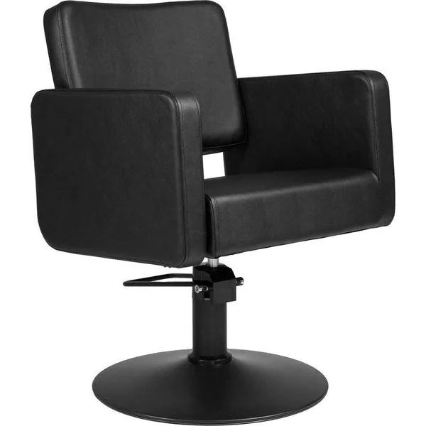 Friseurstuhl in eleganter Schwarz-Farbe, Luxuriöser Friseur stuhl Class R mit Runder Fuß für höchsten Komfort im Salon.