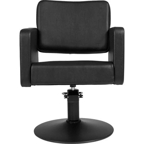 Friseurstuhl in eleganter Schwarz-Farbe, Luxuriöser Friseur stuhl Class R mit Runder Fuß für höchsten Komfort im Salon.
