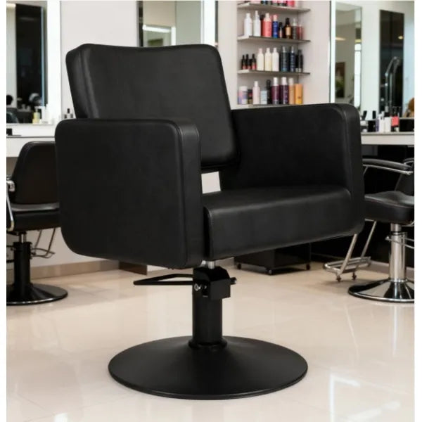Friseurstuhl in eleganter Schwarz-Farbe, Luxuriöser Friseur stuhl Class R mit Runder Fuß für maximalen Komfort im Salon.
