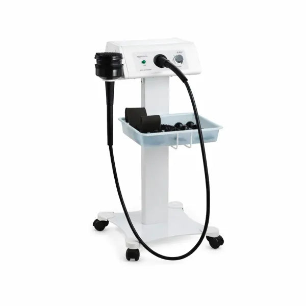 MIXI Vibromassagegerät auf mobiler Standvorrichtung mit Zubehörkorb – professionelle Vibrationsmassage für Kosmetik & Spa