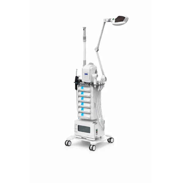 Professioneller Spa Gerätewagen mit LED-Lupenlampe, Vapozon und Tower mit 6 Modulen auf Rollen.