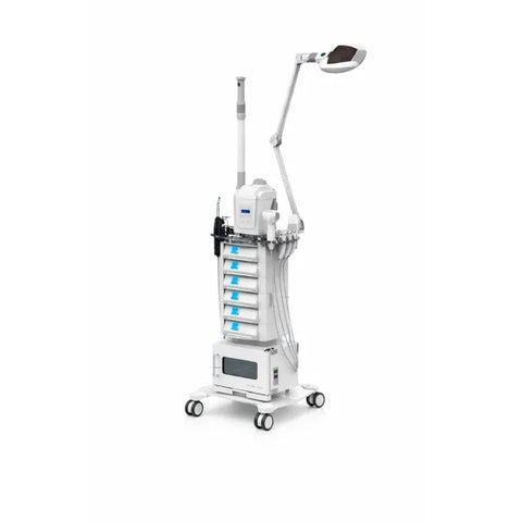 Professioneller Spa Gerätewagen mit LED-Lupenlampe, Vapozon und Tower mit 6 Modulen auf Rollen.