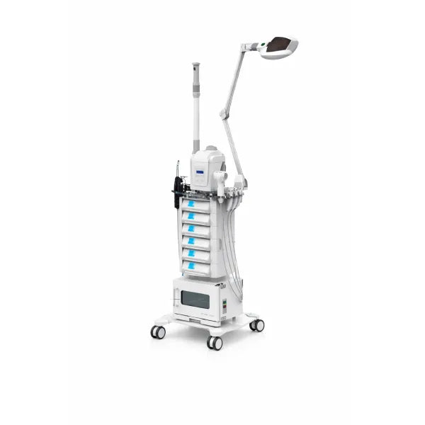 Professioneller Spa Gerätewagen mit LED-Lupenlampe, Vapozon und Tower mit 6 Modulen auf Rollen.