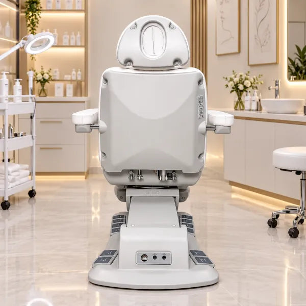 Weiße elektrische Kosmetikliege mit 4 Motoren, Heizung und foot-Pedals für professionelle Beauty-Studios.