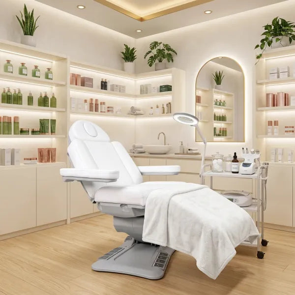 Elektrische Kosmetikliege in Weiß mit 4 Motoren und Heizung für professionelle Beauty-Studios, umgeben von Produktregalen.