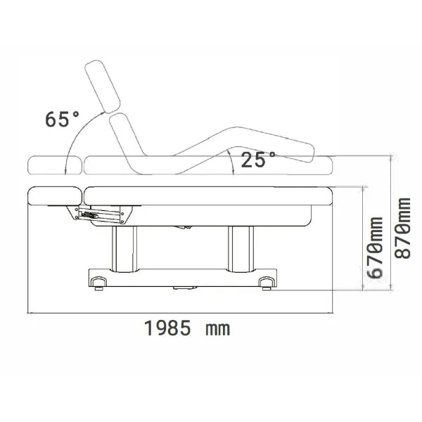 Technische Zeichnung einer elektrisch verstellbaren Massageliege mit vier Motoren, Länge 1985 mm, Höhe 670–870 mm.