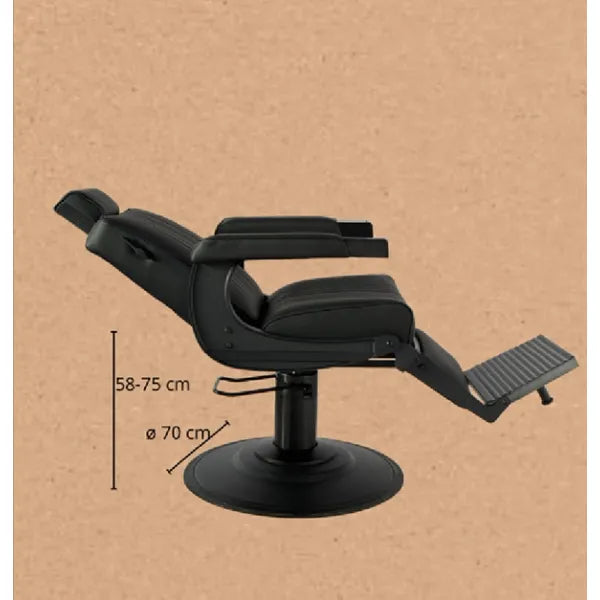 Schwarzer Barber-Stuhl mit verstellbarer Fußstütze, neigbarer Rückenlehne, ausziehbarer Kopfstütze; Alu-Basis, 150 kg.