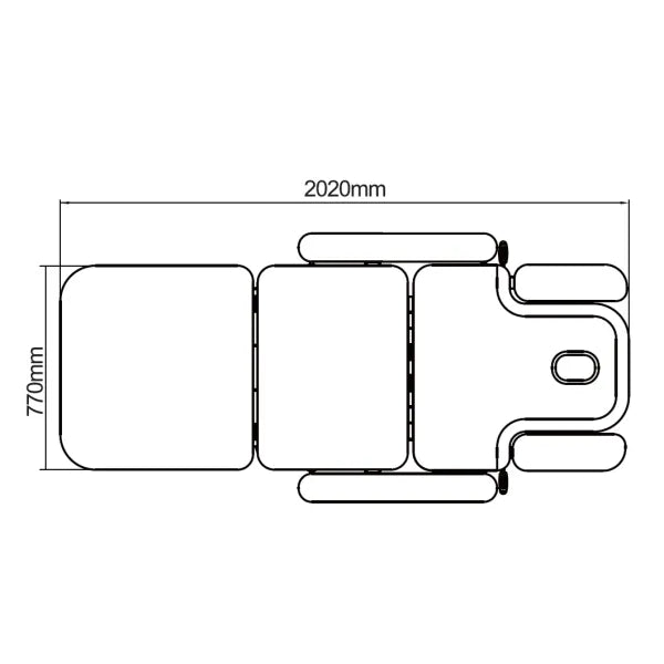 Draufsicht auf eine dreimotorige Massageliege; zwei Varianten mit Armlehne oder ohne; Verpackungsgröße 2080x790x610 mm