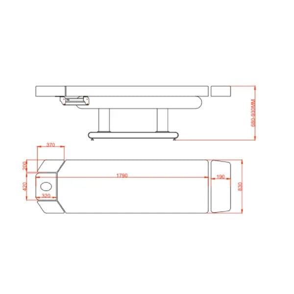 Technische Zeichnung einer elektrischen Massageliege mit Heizfunktion, Höhe 68–93 cm, Rückenlehne 0–60°, Fußstütze 20°.