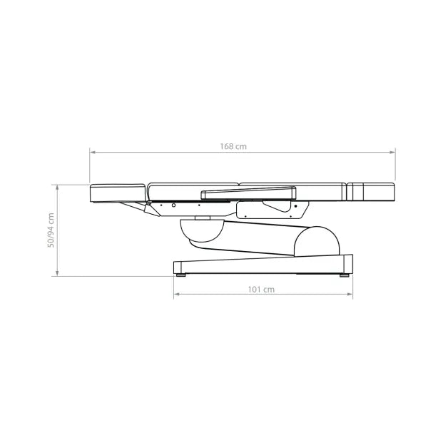 Seitenansicht des Nuuna P3 Pro Fußpflegestuhls mit drei Motoren für Pediküre und Fußpflege, 168 cm lang
