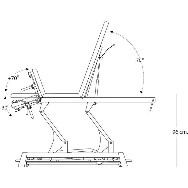 Technische Detailansicht der TITAN 304F Therapieliege mit 1 Motor und elektrischer Höhenverstellung.