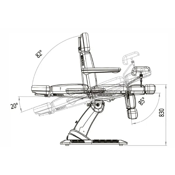 Gynäkologischer Stuhl Dunkelgrau, vier Motoren für Höhe, Rückenlehne, Sitz- und Fußteile, 120°-Drehung.