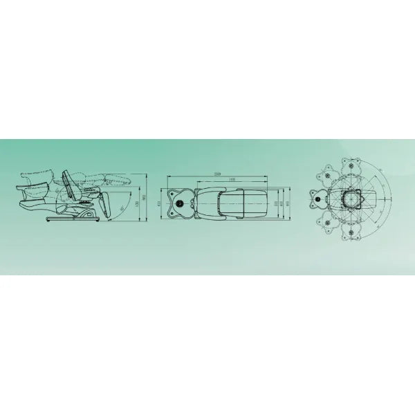 Technische Zeichnungen der Headspa-Liege Satori mit weißem Waschbecken, Maße 2000x660x630 mm, Profi-Spa