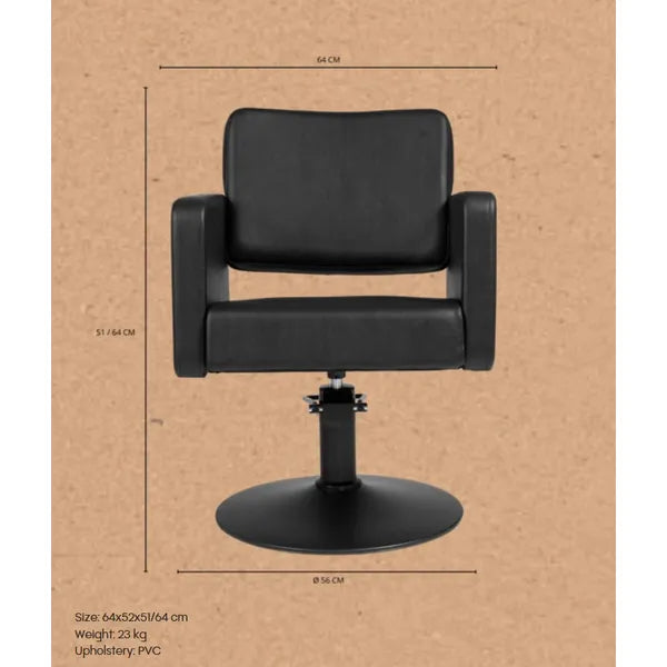 Friseurstuhl in eleganter Schwarz-Farbe, Luxuriöser Friseur stuhl Class R mit Runder Fuß für höchsten Komfort im Salon.