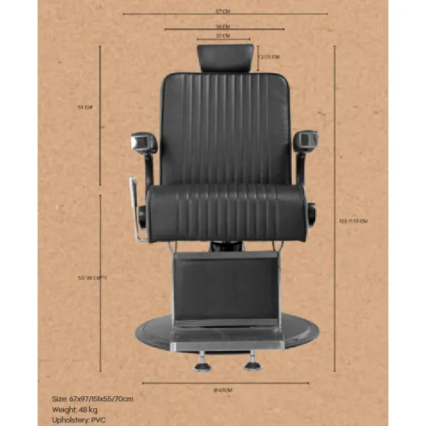 Schwarzer Barberstuhl Quiff 2 mit verstellbarer Rückenlehne, Fußstütze und Kopfstütze Aluminiumrahmen Hydraulik