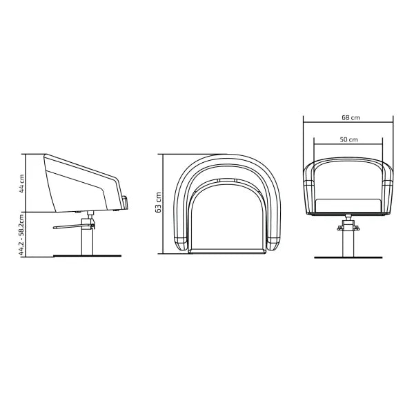Technische Zeichnung Friseurstuhl mit Armlehnen, Hydraulik und Maßen: Breite 68 cm, Tiefe 50 cm, Höhe 63 cm.