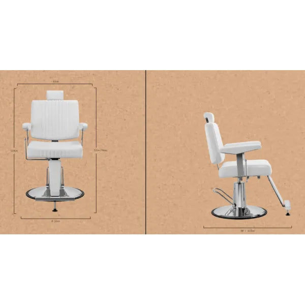 Weißer Barberstuhl SEREN – hydraulisch, drehbar, Fußstütze, Profi Barbershop Friseurstuhl