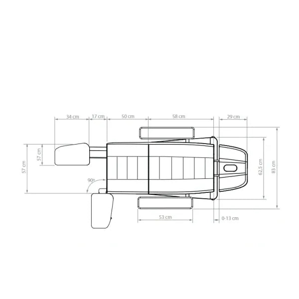 Schematische Draufsicht auf den Fußpflegestuhl Nuuna P3 Grand Relax Rotation mit 3 Motoren, Heizung und 180° Rotation