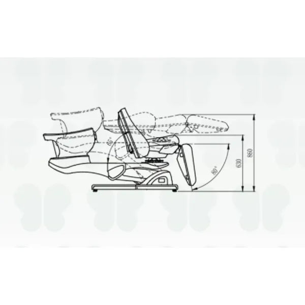 Seitliche Ansicht der Headspa Liege Satori mit weißem Waschbecken, verstellbar und drehbar; Maße 2000x660x630mm