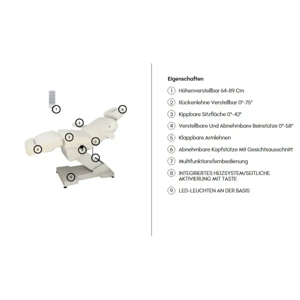 Elektrische Heizbare Kosmetikliege mit LED, Kosmetikstuhl Ricle, 4 Motoren, höhenverstellbar 64–89 cm, Gesichtsausschnitt