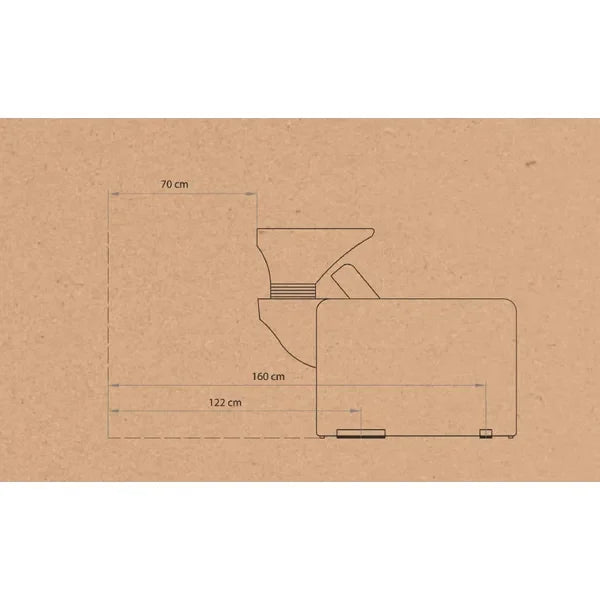 Konstruktionsskizze Friseur Waschbecken Brisal POWER+ Rückwärtswaschbecken mit Maßen: 70 cm × 160 cm × 122 cm
