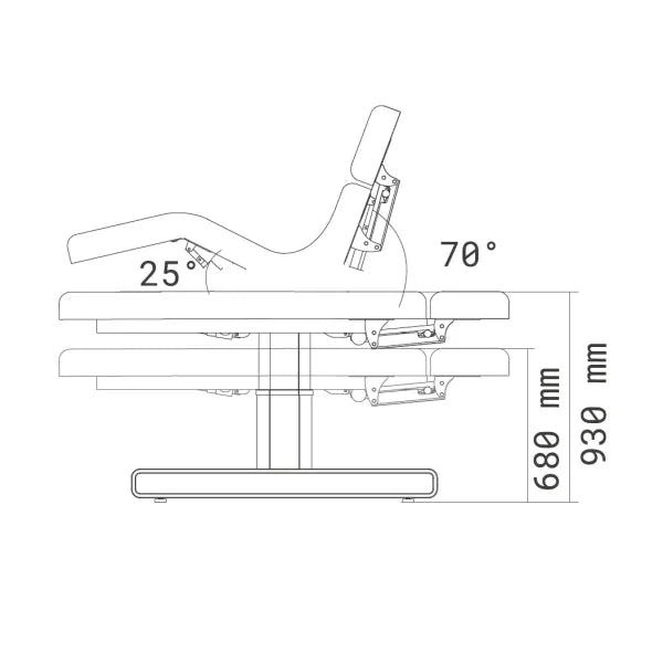 Diagramm einer elektrischen Massageliege mit drei Motoren, Matratze in drei Sektionen, verstellbare Armlehnen, Weiß