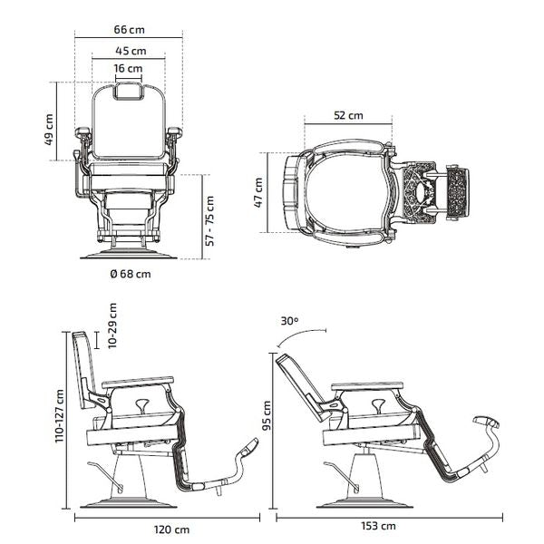 Technische Zeichnung des Barberstuhls Mark-B Schwarz – Luxuriöser Herren-Friseurstuhl, Front-, Seiten- und Draufsicht.