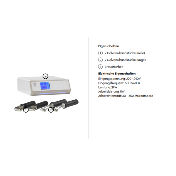 Professional galvanic facial device 313B with control unit and roller and ball handpieces.
