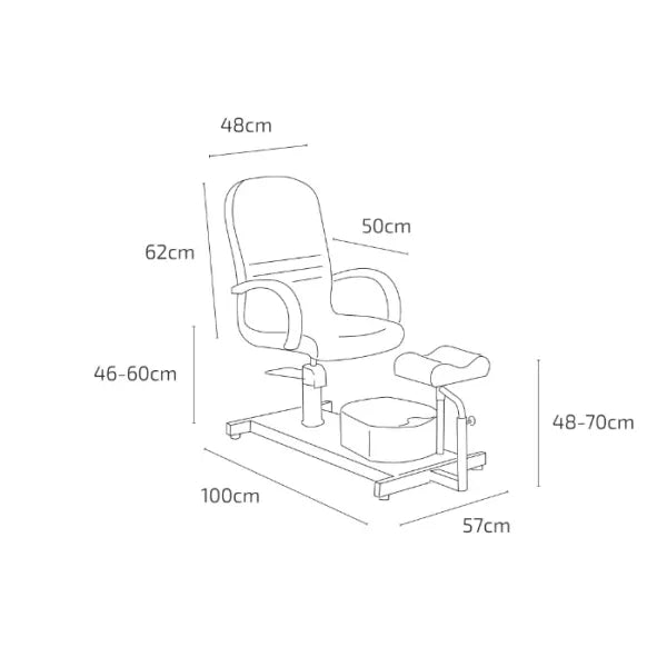 Fußpflegestuhl Anita mit integrierter Fußwanne, schwarze Armlehnen; verstellbare Dreh-Fußstütze, rutschfeste Matte.