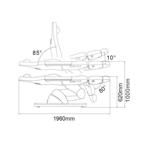 Technische Zeichnung eines elektrischen Fußpflegestuhls mit 5 Motoren, verstellbarem Podologiestuhl, Maße 1960×620×1000 mm