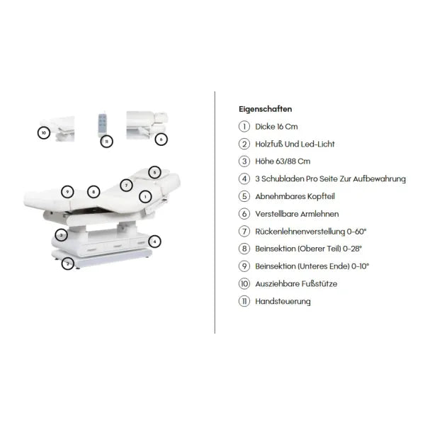 Elektrische Massageliege mit Heizfunktion, 4 Motoren, LED-Licht, Holzfuß, Kopfteil abnehmbar, Handsteuerung, Höhe 63/88 cm