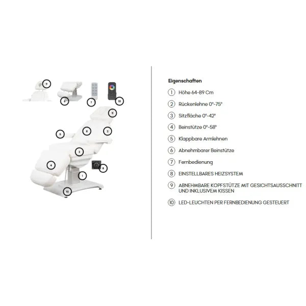 Weiße elektrische Kosmetikliege Bellum mit 4 Motoren, Heizsystem, verstellbare Rückenlehne, LED-Licht Fernbedienung.
