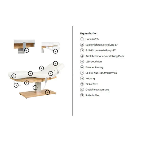 Elektrische Massageliege mit Heizfunktion und LED, 3 Motoren, Fernbedienung, Sockel aus Naturmassivholz im Wellnessraum