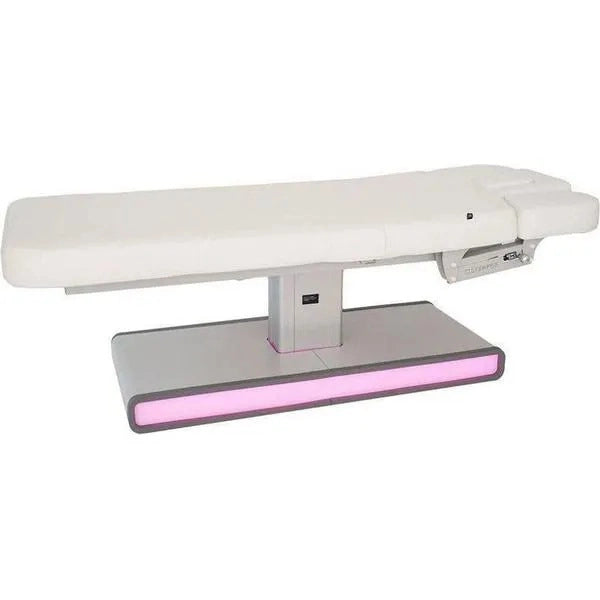 Elektrische Massageliege mit drei Motoren, weiße Behandlungsliege mit LED-Pink-Unterboden, Moldavi