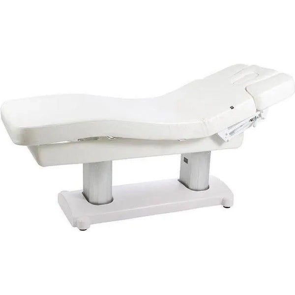 Weiße Massageliege mit verstellbarer Höhe und Kopfstütze, Armlehnen, drei Sektionen, vier Motoren.
