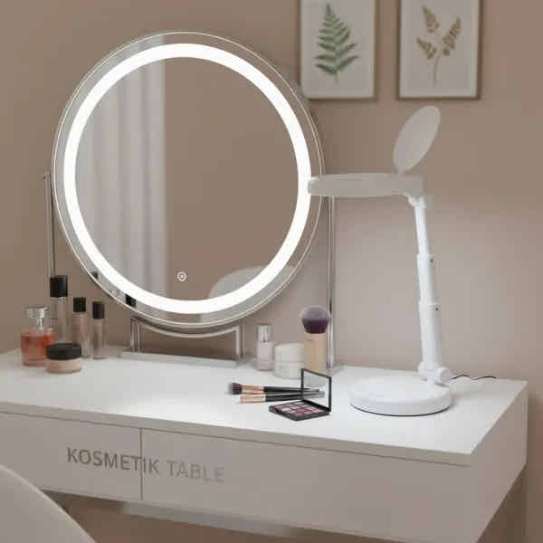 LED Lupenlampe 5x mit Tischfuß, dimmbar, 3 Lichtfarben - Profi Kosmetik Lampe Flip WKL006 neben Spiegel