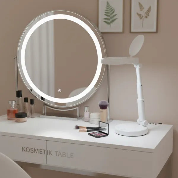 LED Lupenlampe 5x mit Tischfuß, dimmbar, 3 Lichtfarben - Profi Kosmetik Lampe Flip WKL006 neben Spiegel