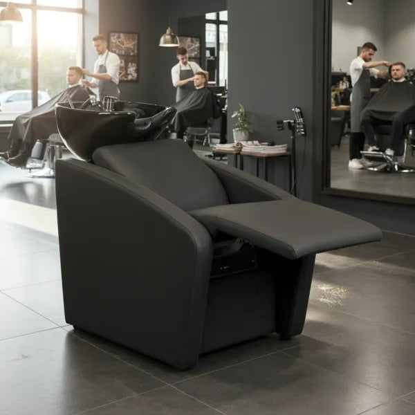 ELUNE AIR Rückwärtswaschsessel Schwarz im Friseursalon, Premium Waschplatz mit Massage