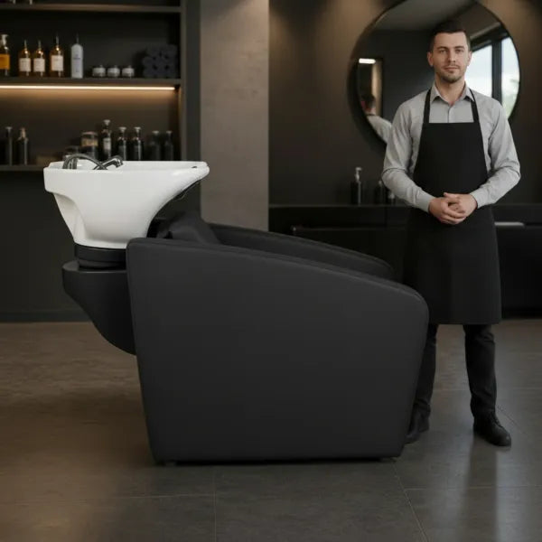 ELUNE AIR Rückwärtswaschsessel Schwarz mit Massage Friseur-Waschbecken im Premium-Komfort-Waschplatz im Salon