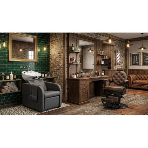 Premium Barbershop-Set MAE Barberstuhl und MIDI Friseurwaschbecken in stilvollem Salonambiente.