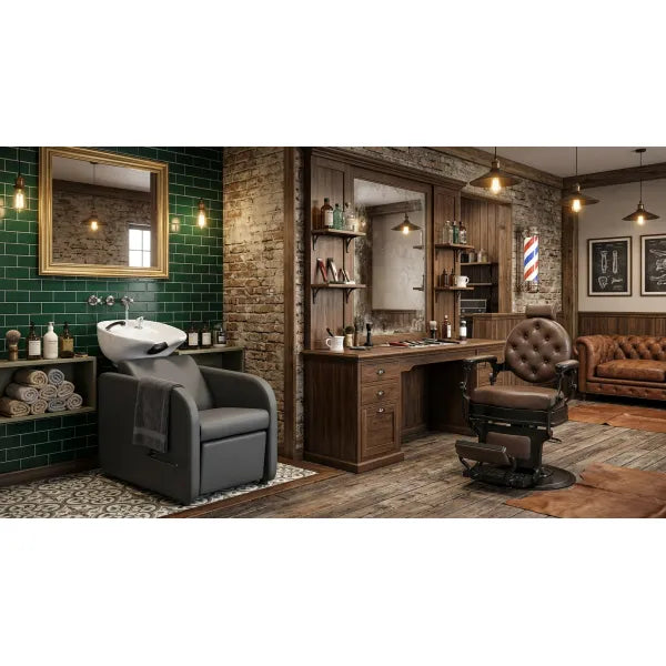 Premium Barbershop-Set MAE Barberstuhl und MIDI Friseurwaschbecken in stilvollem Salonambiente.