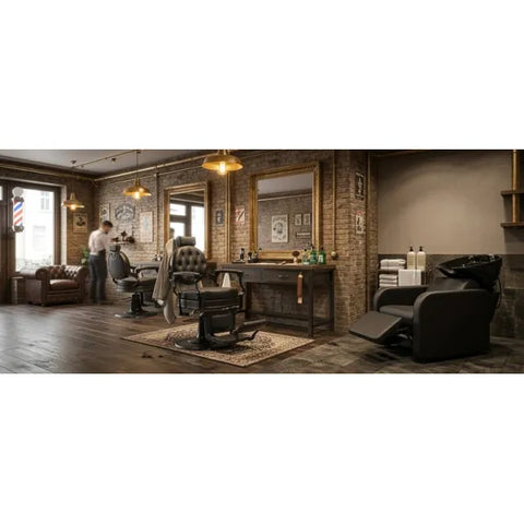 Friseursalon-Set Premium: MAE Barberstuhl und MIDI Rückwärtswaschanlage im stilvollen Profi-Salon-Setup.