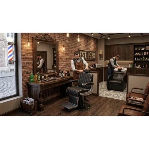 GON-Barberstuhl und MIDI-Friseurwaschbecken als Teil eines modernen Barbershop-Sets