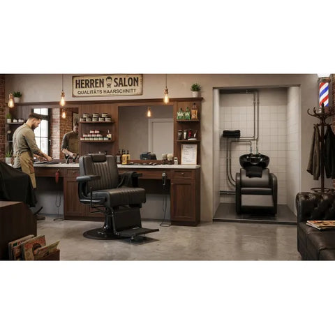 GONI & MIDI Salon-Set: robuster Barberstuhl mit MIDI Rückwärtswaschanlage im modernen Friseursalon